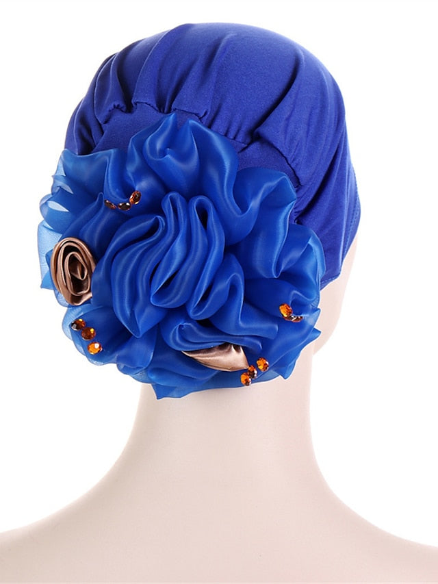 Women Solid Color Back Big Flower New Turban Muslim Hijab Caps Satin Flowers Arab Wrap Inner Hijabs Bonnet Hat Headdress for Women