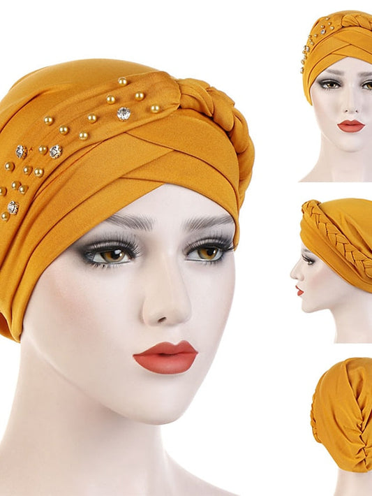 India Muslim Women Hijab Hat with Beads Turban Headscarf Islamic Head Wrap Lady Beanie Bonnet Hair Loss Cover for Women