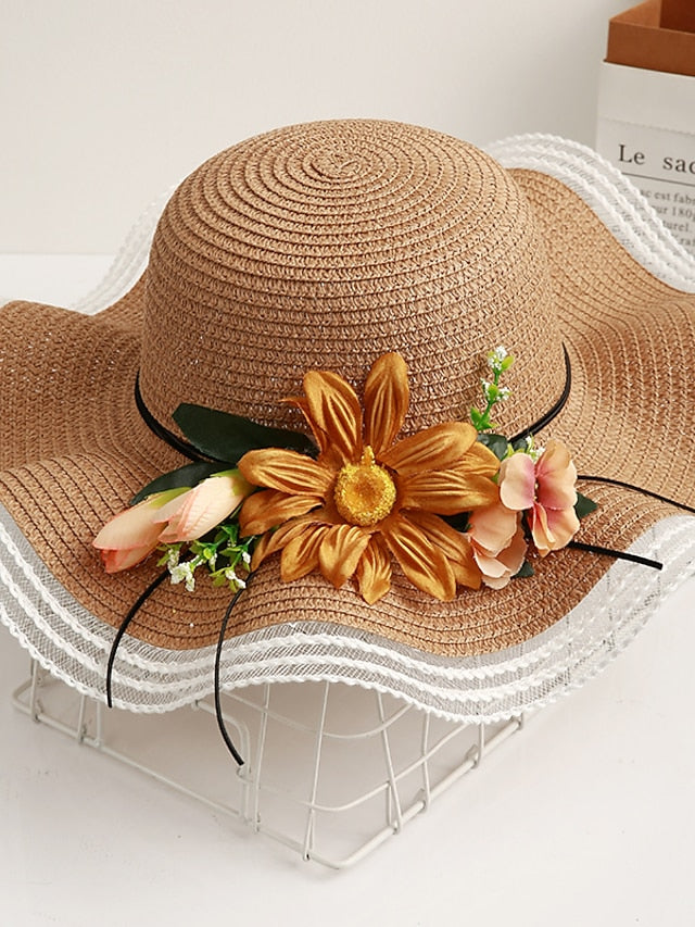 Sun Hat Straw Hat Daily Holiday Flower / Plants Straw Lace Vacation Beach Sunscreen 1 pcs for Women