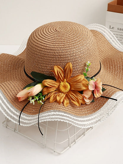Sun Hat Straw Hat Daily Holiday Flower / Plants Straw Lace Vacation Beach Sunscreen 1 pcs for Women