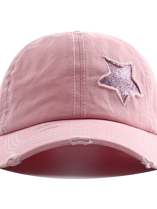 Men Washed Cotton Baseball Cap Glitter Star Embroidery Vintage Distressed Messy High Bun Ponytail Hole Trucker Hat Adjustable Sun Hat for Women