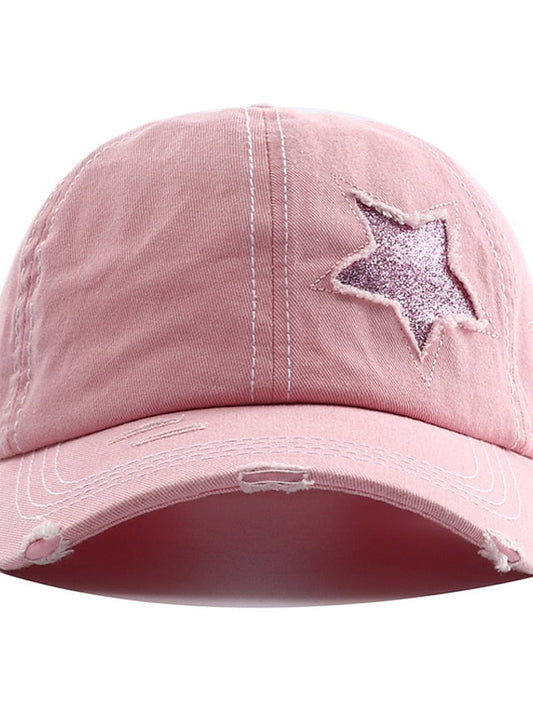 Men Washed Cotton Baseball Cap Glitter Star Embroidery Vintage Distressed Messy High Bun Ponytail Hole Trucker Hat Adjustable Sun Hat for Women