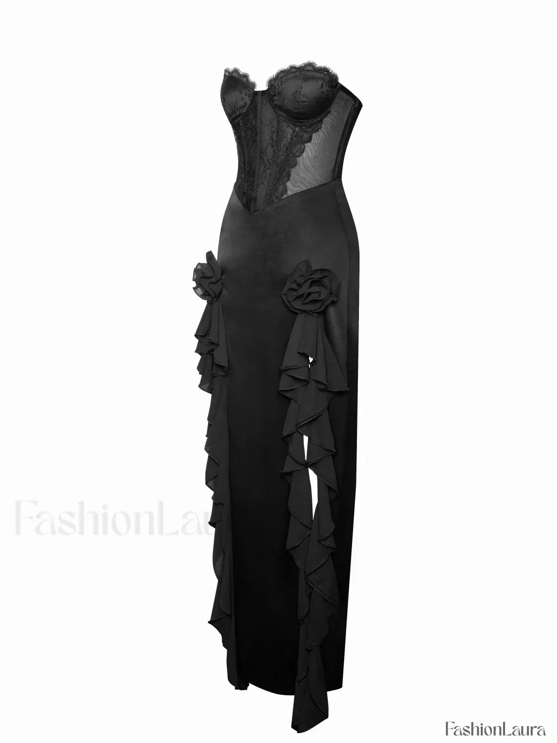 Talia Black Satin Charming Lace Corset Maxi Dress