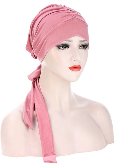 Muslim Women Stretch Solid Wrinkle Turban Hat Cancer Chemo Beanies Caps Pre-Tied Scarf Headwear Headwrap Simple Hair Accessories for Women