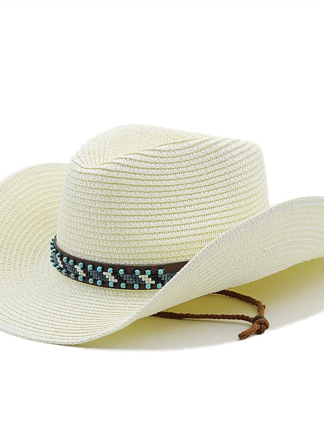 British Wind with Bead Leather Rope Cowgirl Summer Straw Hat for Women Men Western Cowboy Hat Lady Trendy Beach Sun Hat for Women