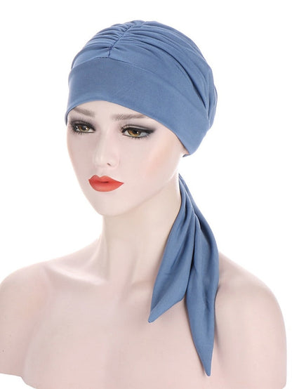 Muslim Women Stretch Solid Wrinkle Turban Hat Cancer Chemo Beanies Caps Pre-Tied Scarf Headwear Headwrap Simple Hair Accessories for Women