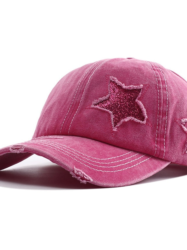 Men Washed Cotton Baseball Cap Glitter Star Embroidery Vintage Distressed Messy High Bun Ponytail Hole Trucker Hat Adjustable Sun Hat for Women