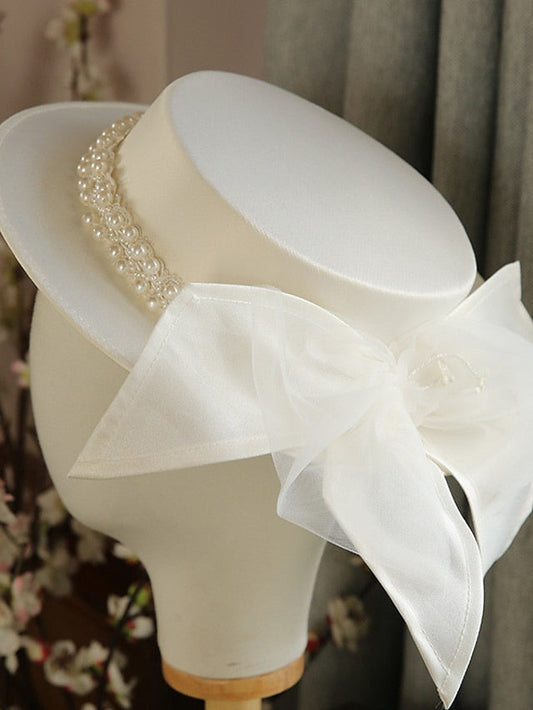 Hat Bucket Hat Party Hat White Party Outdoor Street Beaded Pure Color Bow Ribbon bow Portable Sun Protection Windproof for Women