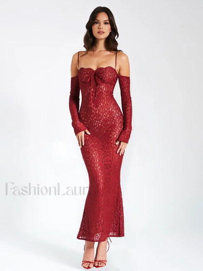 Udaya Burgundy Lace Charming Long Sleeve Maxi Dress