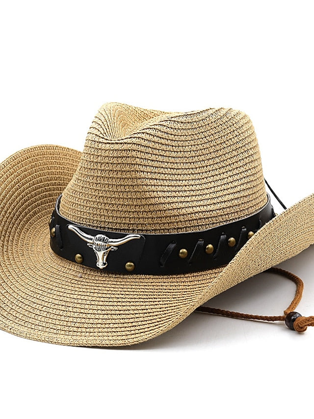 Ethnic Style Hat Cowboy Men Straw Panama Hat Belt Cow Decorate Wide Brimmed Hats For Summer Khaki Women Hat New Arrival for Women