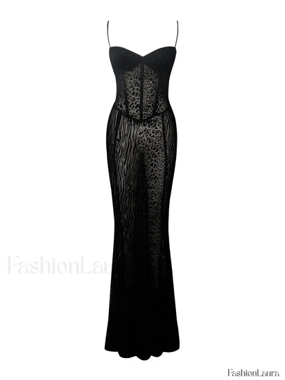 Ulani Black Burnout Velvet Graceful Detail Mesh Maxi Dress