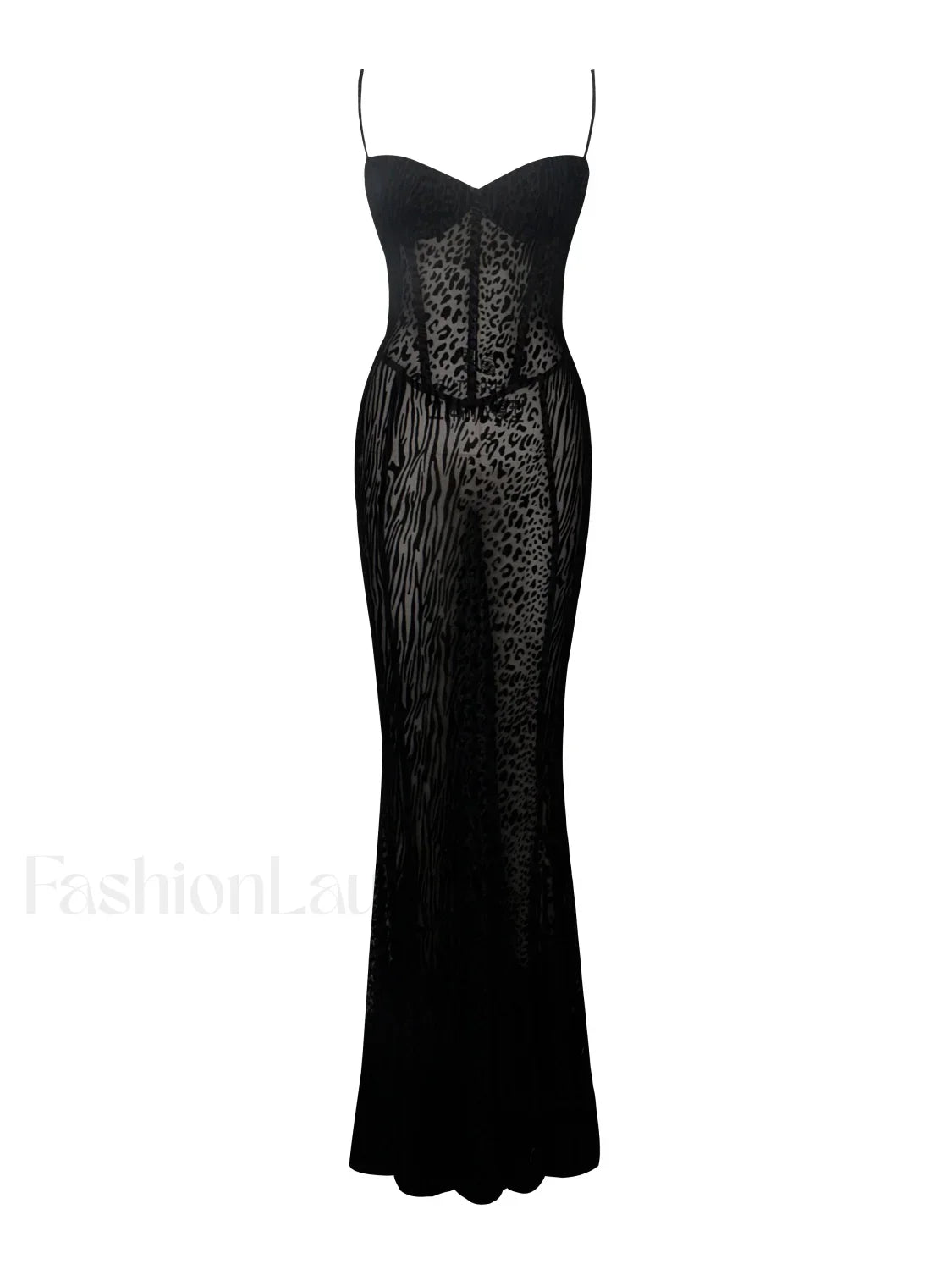 Ulani Black Burnout Velvet Graceful Detail Mesh Maxi Dress