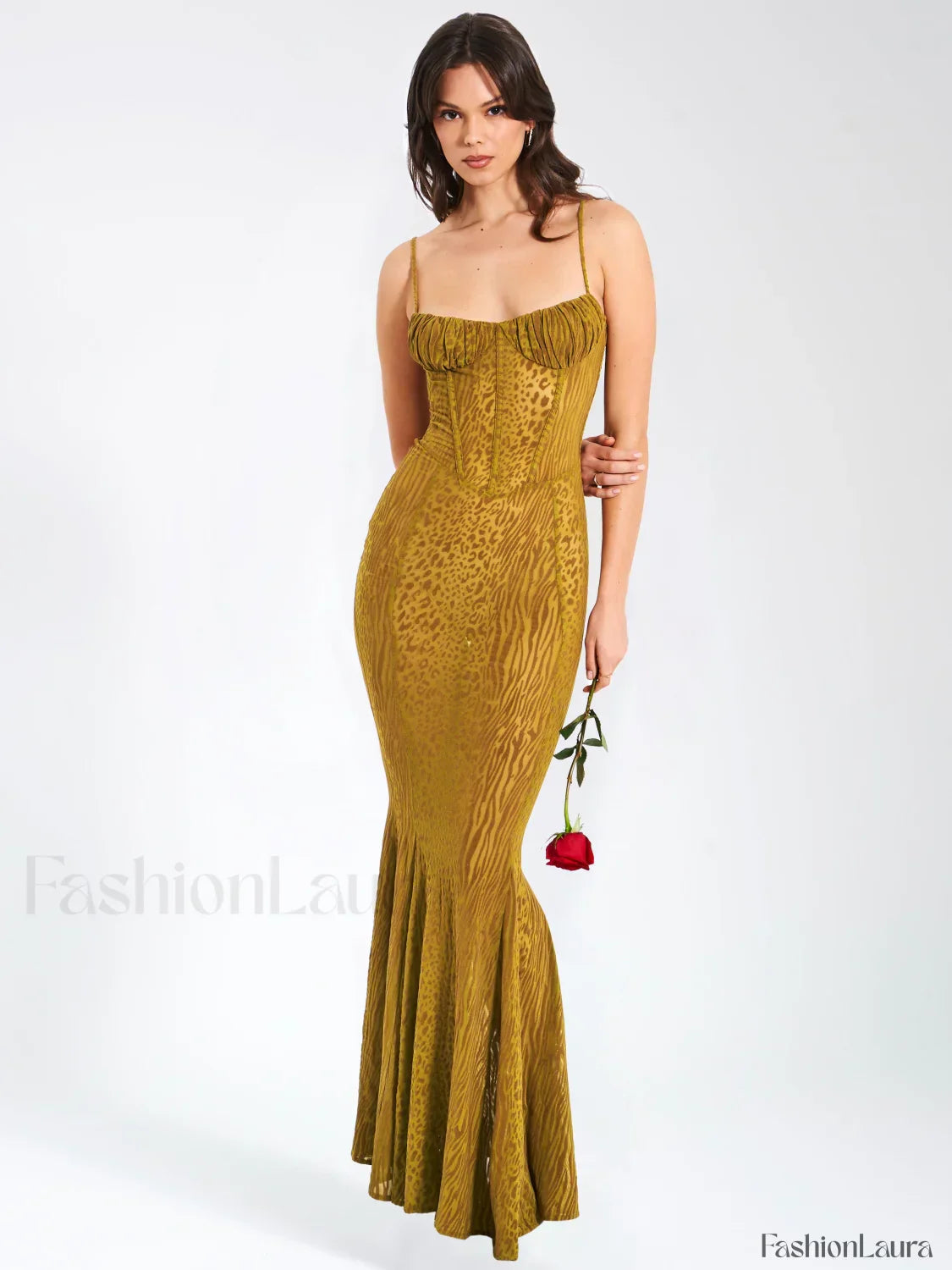 Ulani Gold Burnout Velvet Graceful Detail Mesh Maxi Dress