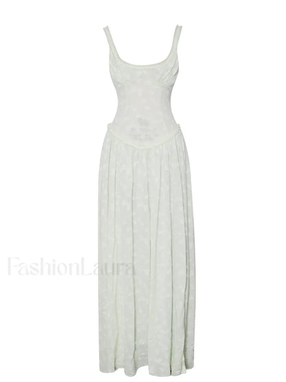 Ulissa Light Green Square Neck Trendy Jacquard Textured High Slit Maxi Dress