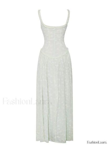 Ulissa Light Green Square Neck Trendy Jacquard Textured High Slit Maxi Dress