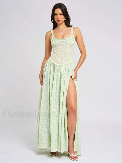 Ulissa Light Green Square Neck Trendy Jacquard Textured High Slit Maxi Dress