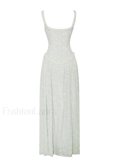 Ulissa Light Green Square Neck Trendy Jacquard Textured High Slit Maxi Dress