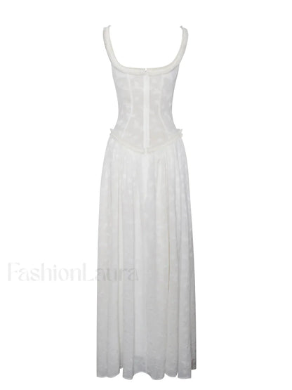 Ulissa White Square Neck Jacquard Trendy Textured High Slit Maxi Dress