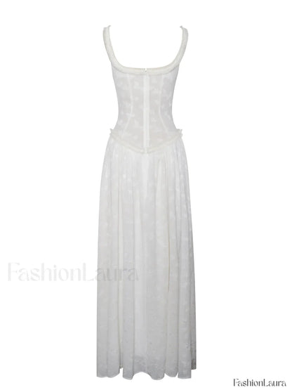Ulissa White Square Neck Jacquard Trendy Textured High Slit Maxi Dress