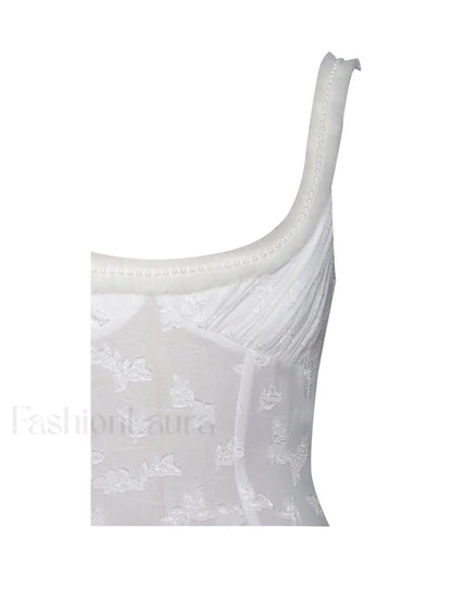 Ulissa White Square Neck Jacquard Trendy Textured High Slit Maxi Dress