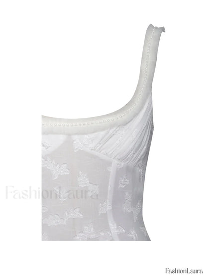 Ulissa White Square Neck Jacquard Trendy Textured High Slit Maxi Dress