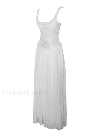 Ulissa White Square Neck Jacquard Trendy Textured High Slit Maxi Dress