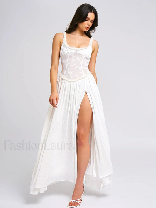 Ulissa White Square Neck Jacquard Trendy Textured High Slit Maxi Dress