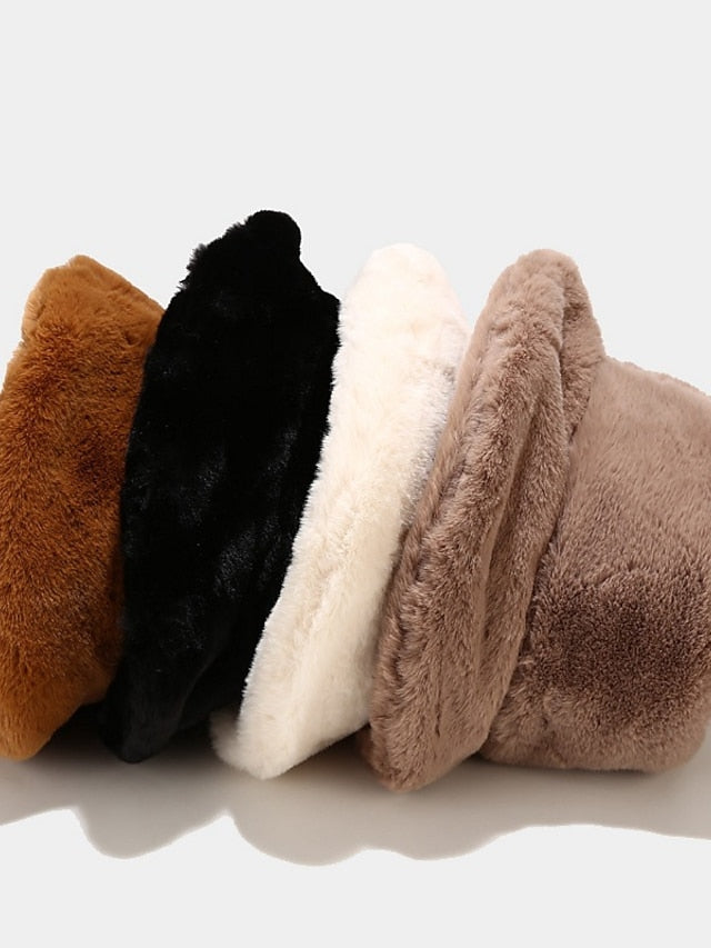 Winter Solid Fur Fluffy Bucket Hats Women Outdoor Warm Sun Hat Soft Furry Fisherman Cap Girl Fashion Panama Cap for Women
