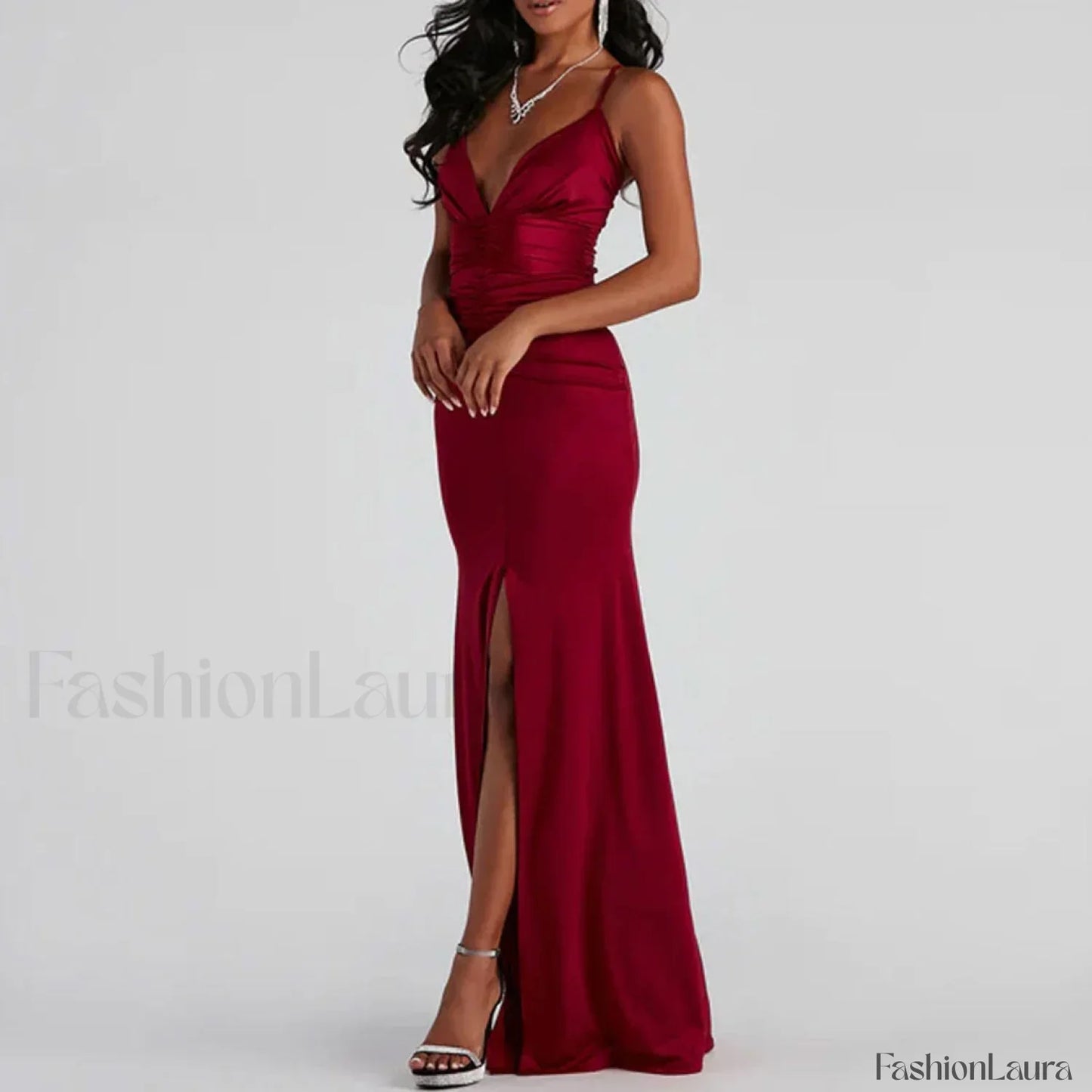 V High Slit Maxi Dress - Red