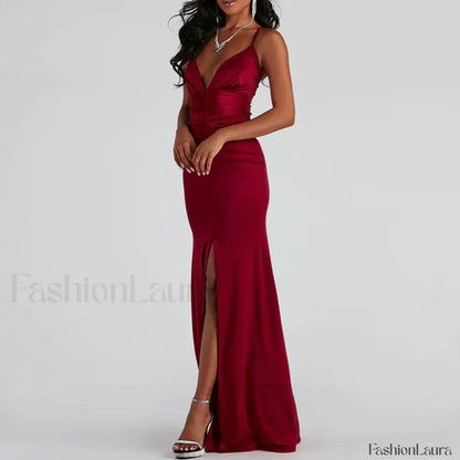 V High Slit Maxi Dress - Red