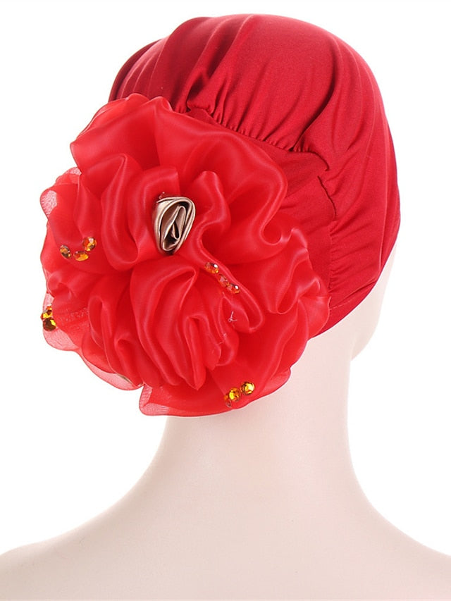 Women Solid Color Back Big Flower New Turban Muslim Hijab Caps Satin Flowers Arab Wrap Inner Hijabs Bonnet Hat Headdress for Women