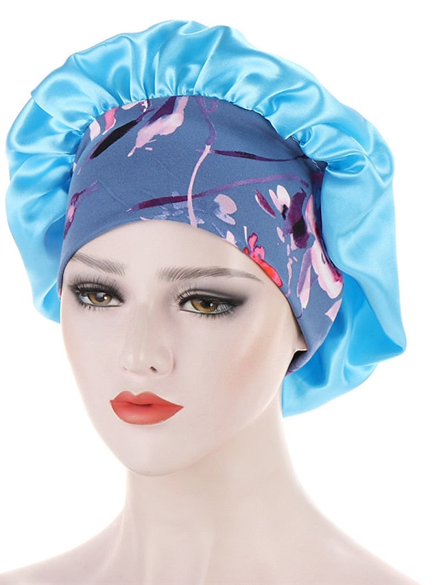 Women Satin Night Beauty Salon Sleep Cap Bonnet Hat Silk Headwrap Floral Print Wide Elastic Band Curly Springy Hair Chemo Cap Sleep Cap for Women