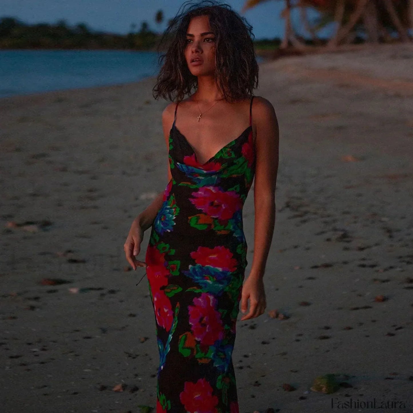 Vintage Style Floral Printed Cowl Neck Slip Maxi Dress - Black