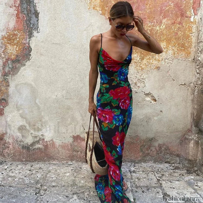 Vintage Style Floral Printed Cowl Neck Slip Maxi Dress - Black