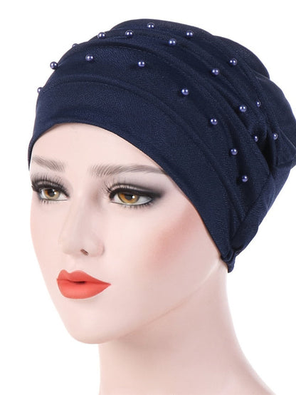 Muslim Women Turban Scarf Beaded Turban Hat Solid Color Beanies Cap Islamic Wrap Headscarf Musulman Femme Hijab Hair Care Accessories for Women