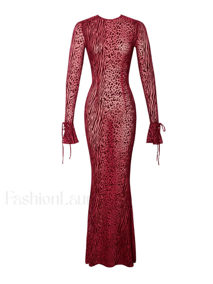 Waylynn Burgundy Burnout Velvet Graceful Detail Mesh Backless Maxi Dress