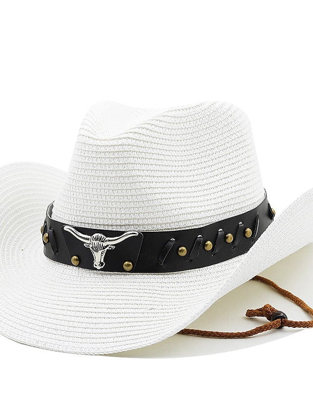Ethnic Style Hat Cowboy Men Straw Panama Hat Belt Cow Decorate Wide Brimmed Hats For Summer Khaki Women Hat New Arrival for Women