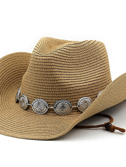New Summer Men Women Straw Hollow Western Cowboy Hat Elegant Lady Punk Cowgirl Outdoor Jazz Beach with Adjustable Rope Sun Hat for Women