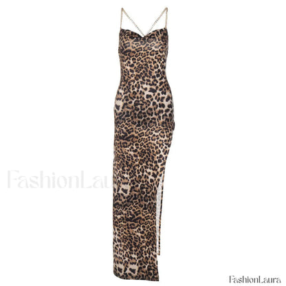 Wild Printed High Slit Cowl Neck Cross Chain Maxi Dress - Leopard