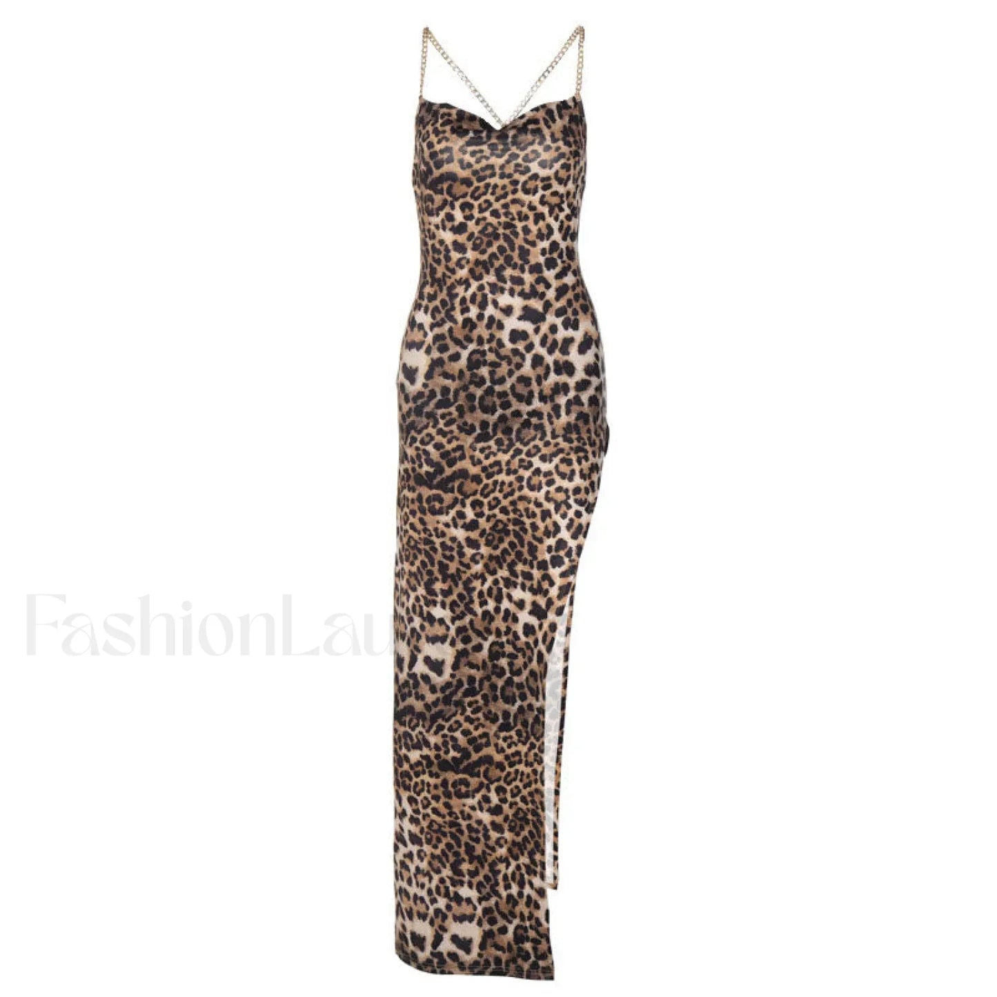 Wild Printed High Slit Cowl Neck Cross Chain Maxi Dress - Leopard