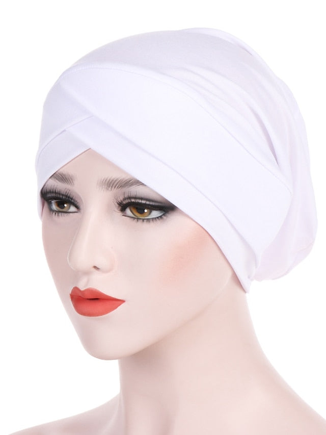Solid Stretch Fabric Forehead Cross India Cap Turban Hat Women Elastic Turban Muslim Hijab Islamic India Hair Loss Caps Scarf Headwraps for Women