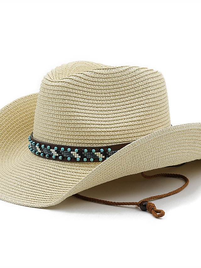 British Wind with Bead Leather Rope Cowgirl Summer Straw Hat for Women Men Western Cowboy Hat Lady Trendy Beach Sun Hat for Women