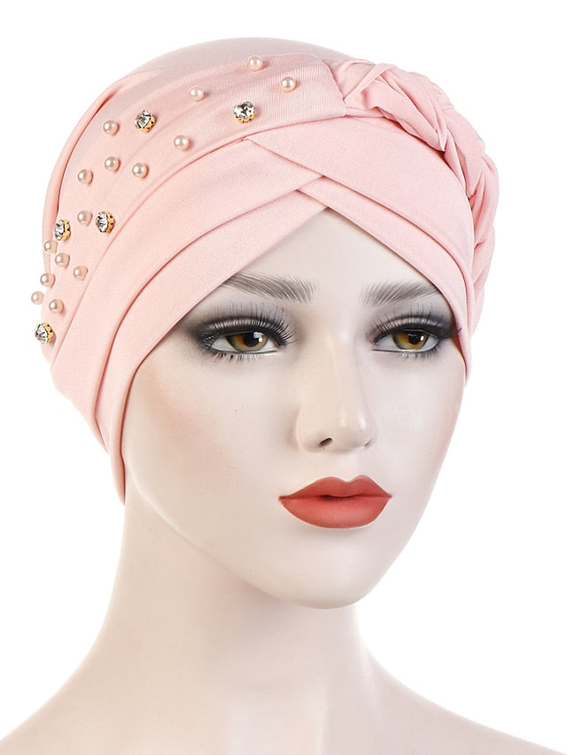 India Muslim Women Hijab Hat with Beads Turban Headscarf Islamic Head Wrap Lady Beanie Bonnet Hair Loss Cover for Women