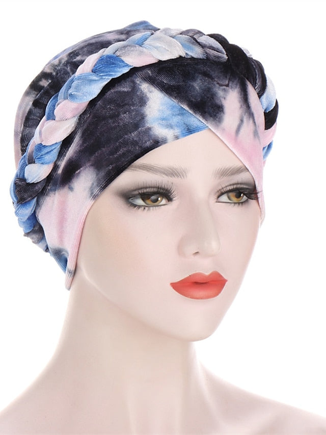 India Tie Dye Turban Cap Muslim Women Hijab Hair Care Hat Braid Headscarf Beanie Bonnet Islamic Headwear Wrap Hair Loss Cover for Women