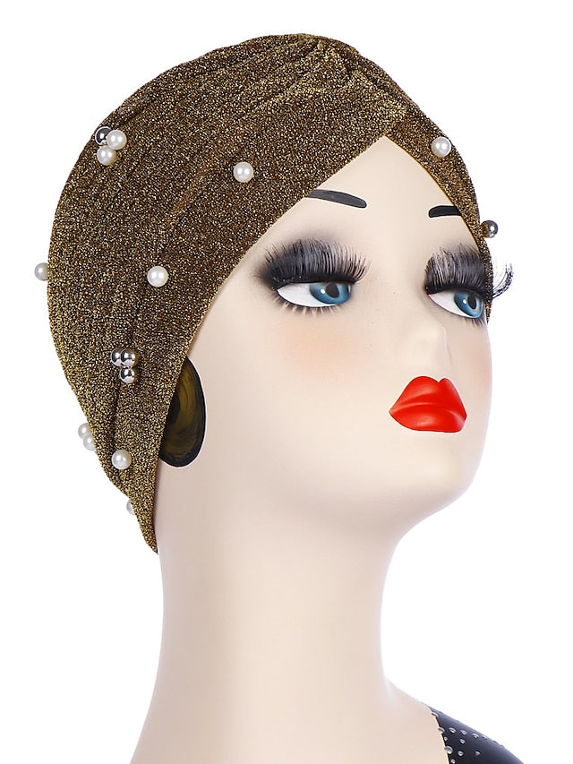Fashion Women Turban Gold Shiny Hat for Lady Pearl Beading Bright Hat Indian Style Muslim Thin Head Wraps for Women