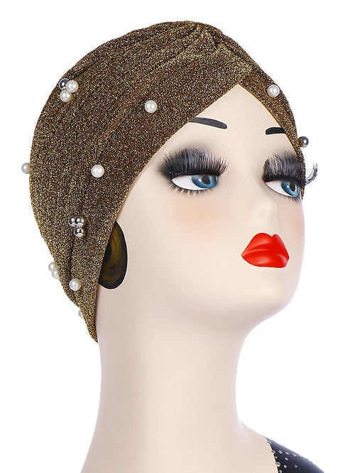 Fashion Women Turban Gold Shiny Hat for Lady Pearl Beading Bright Hat Indian Style Muslim Thin Head Wraps for Women
