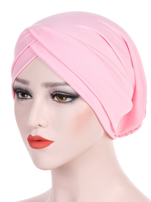 Solid Stretch Fabric Forehead Cross India Cap Turban Hat Women Elastic Turban Muslim Hijab Islamic India Hair Loss Caps Scarf Headwraps for Women