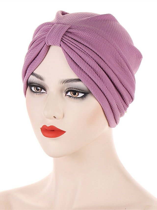Fashion Solid Color Women Muslim Headscarf Top Knotted Turban Hat Sleep Hat Inner Hijab Bonnet Femme Round Head Cover Headwrap for Women
