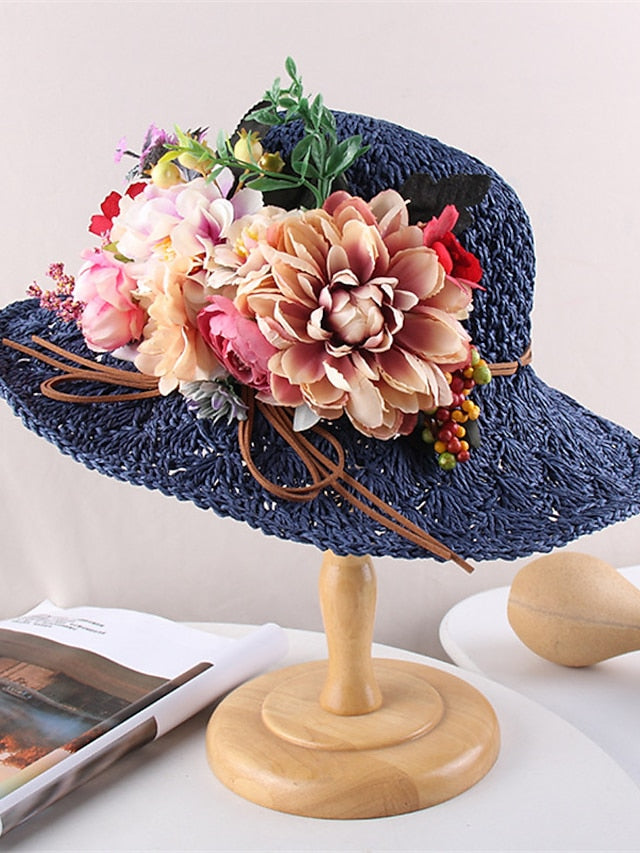 Hat Straw Hat Sun Hat Pink Khaki Navy Blue Party Outdoor Dailywear Floral Floral Portable Windproof Comfort for Women