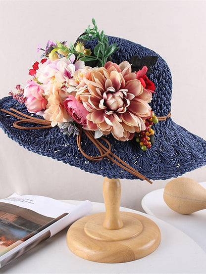 Hat Straw Hat Sun Hat Pink Khaki Navy Blue Party Outdoor Dailywear Floral Floral Portable Windproof Comfort for Women